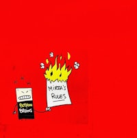 a red background with a cartoon character holding a piece of paper